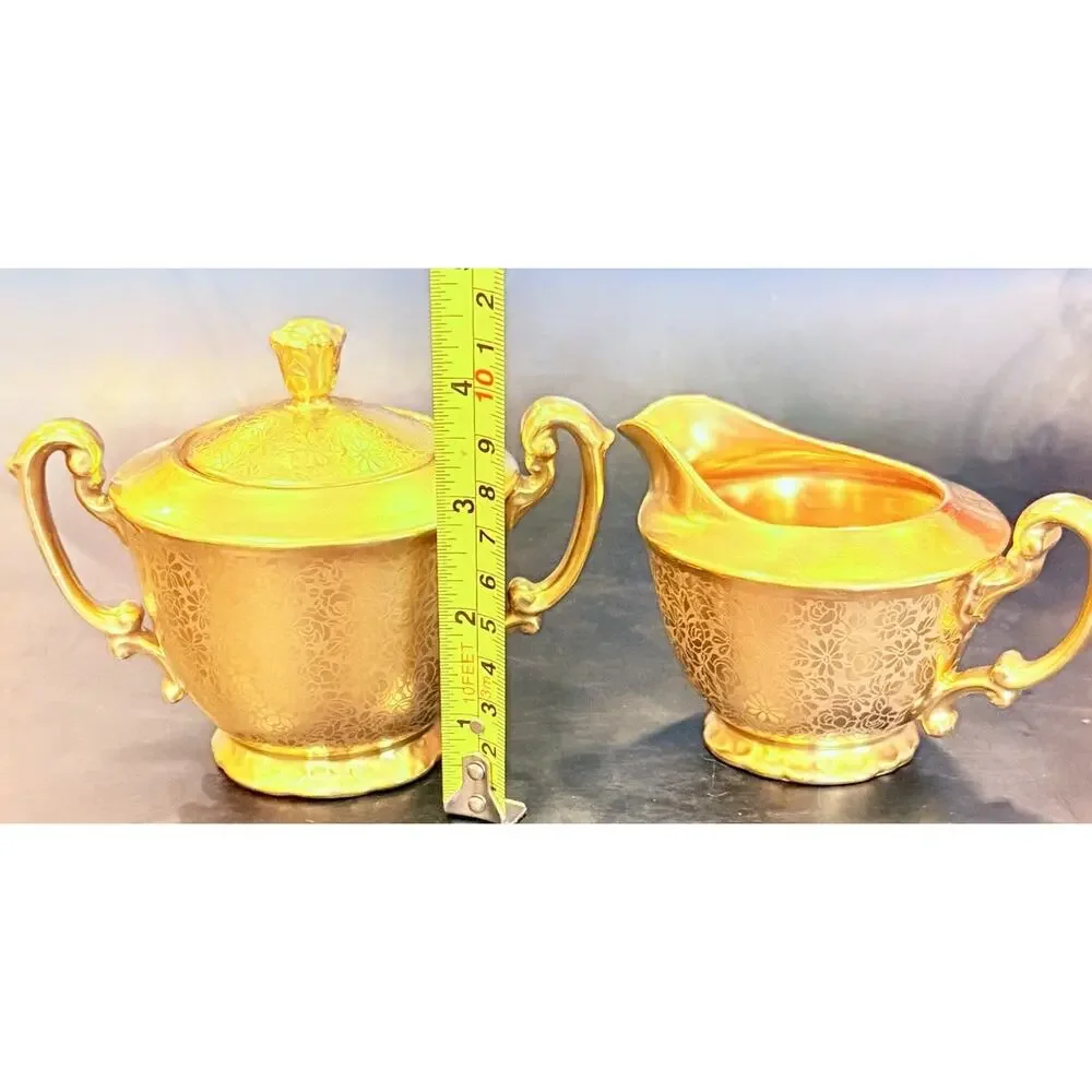 Vintage Pickard Set Gold Encrusted Floral Creamer Sugar Salt and Pepper 5 piece